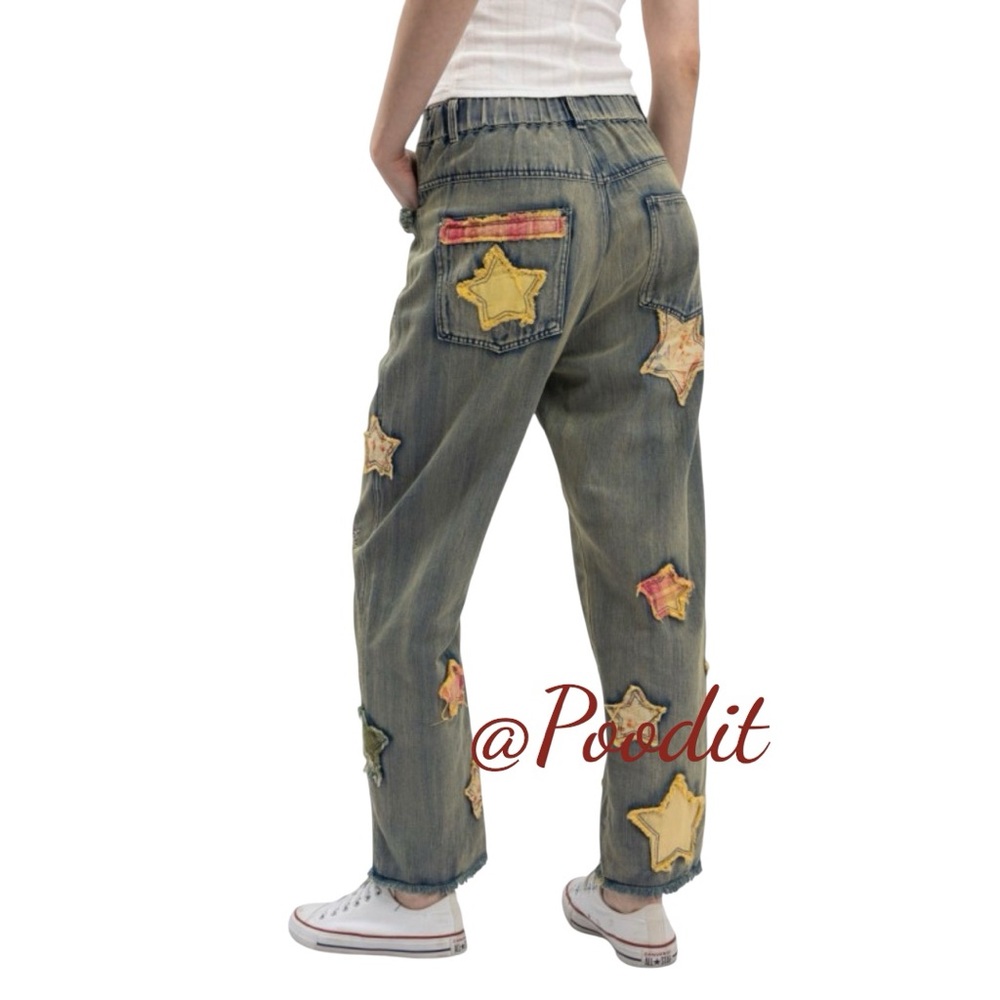 BLUE VELVET patchwork embroidery relaxed fit fray hem washed out jeans sz MEDIUM - Picture 5 of 14
